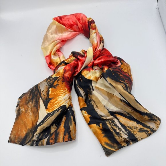 Boutique Silk Blend Multi Color Brown Yellow Red Abstract Print Scarf - Picture 3 of 8